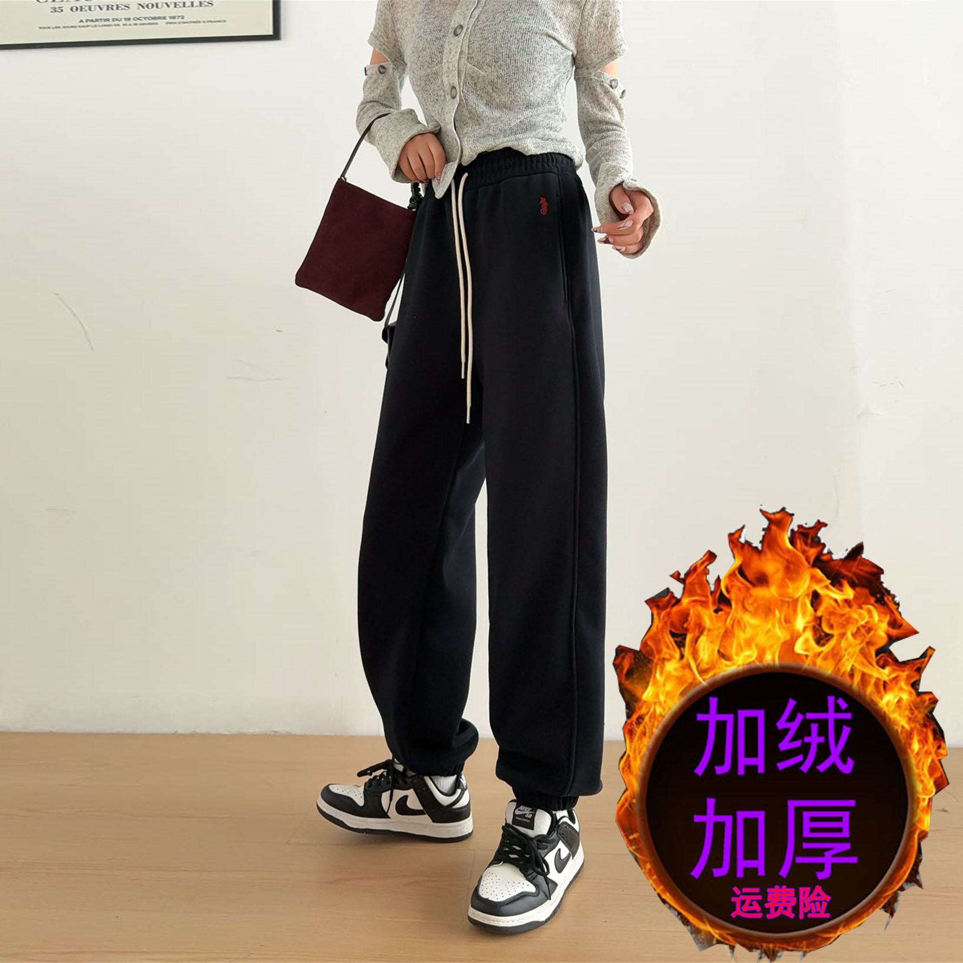 加绒小马刺绣卫裤女2025新款冬束脚休闲运动裤小个子大码加厚裤子