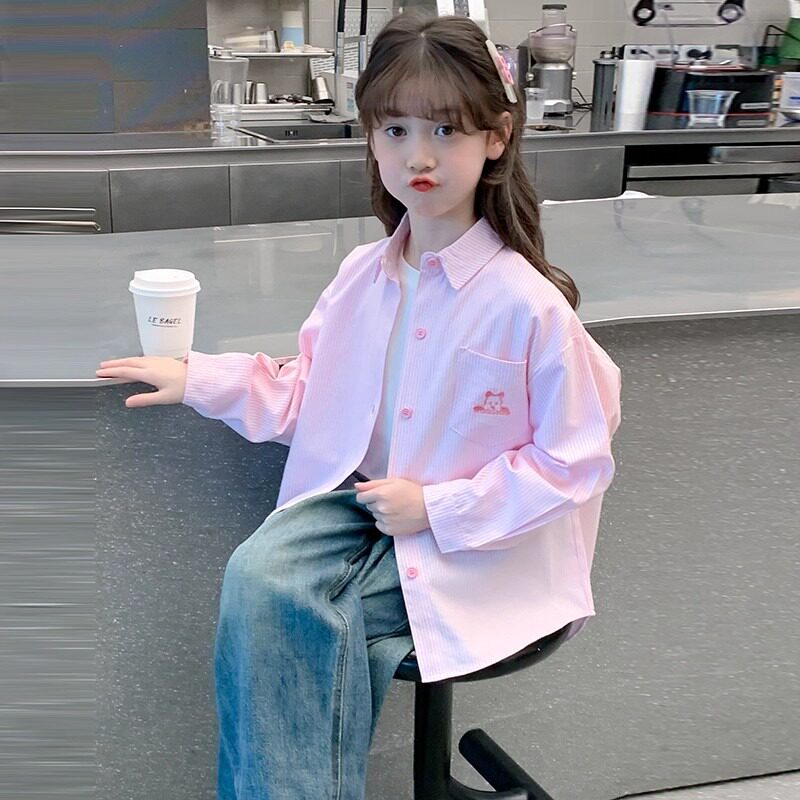 儿童好看女童女孩衬衣条纹超长袖衬衫
