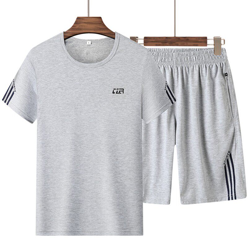 中年运动套装男士夏季纯棉短袖运动服中老年人男装短裤爸爸两件套