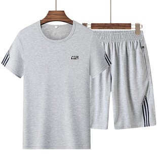 中年运动套装男士夏季纯棉短袖运动服中老年人男装短裤爸爸两件套