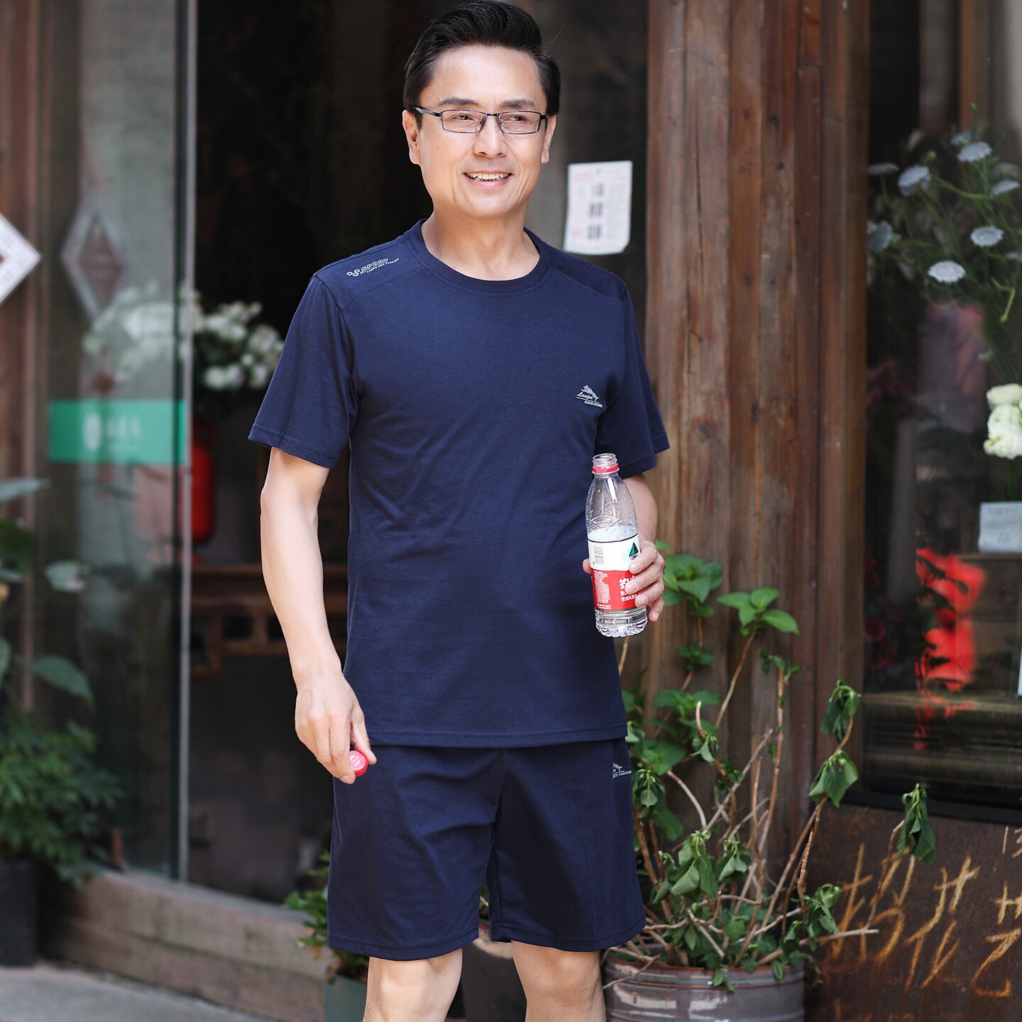 爸爸夏装套装中年男士纯棉短袖中老年人男装短裤休闲运动两件套装