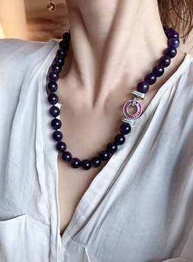 紫水晶珠子项链高级感复古串珠颈链个性夸张vintage中古饰品