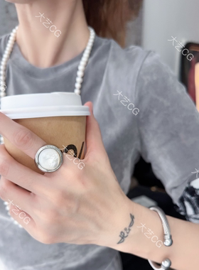 复古夸张大戒指白贝银色简约圆形指环重金属INS时尚欧美