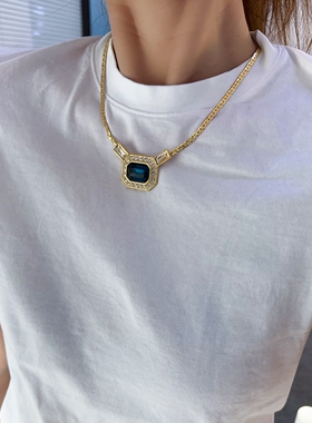 vintage彩宝项链蓝金色复古大项链小众宫廷风高级感中古饰品