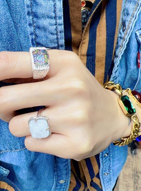 925纯银彩晶戒指复古方砖银戒指大磨砂锡纸雾面指环