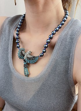 蓝色珠子项链复古饰品vintage中古珠珠链珠子项链