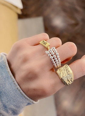 925纯银镀金方形戒指磨砂锡纸雾面大指环开口可调节