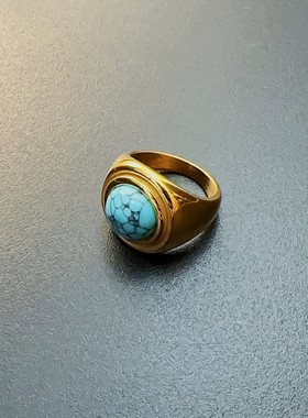 复古蓝色戒指金属感简约指环圆形vintage蓝松石金色中古风饰品