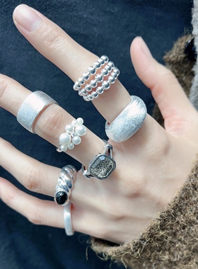 925纯银开口戒指大指环可调节锆石贝珠复古银素圈夸张饰品