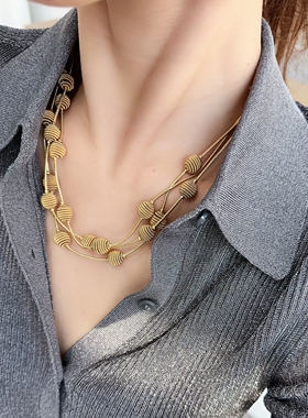 复古多层项链中古风暗金色哑光三圈珠珠颈链vintage小众高级配饰