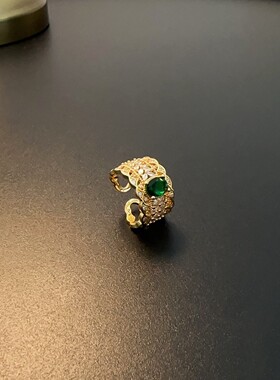 宫廷风指环开口可调节戒指金色绿彩宝镂空叠戴高级气质现代中古风