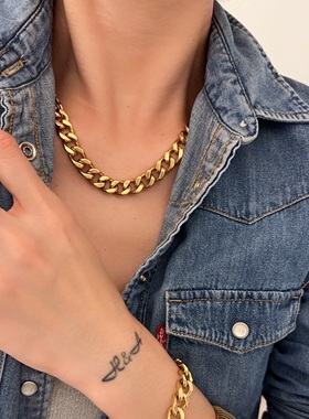 夸张项链金色古巴链链条项链复古简约中性冷淡风女饰品
