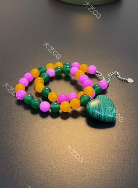 彩色珠串项链小众新中式夏日个性颈链桃心吊坠粉绿撞色