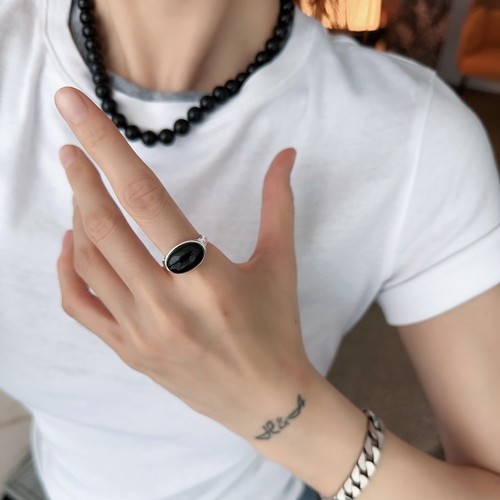 纯银黑玛瑙戒指简约开口可调节925银饰现代复古指环INS