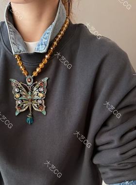 复古蝴蝶项链夸张时尚配饰小众彩色彩宝颈链个性饰品