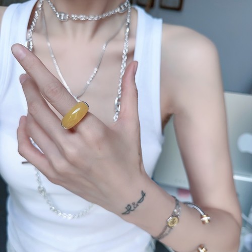 纯银戒指彩宝黄玛瑙指环新中式简约高级925银饰