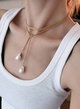 超长细素金色项链小众异形珍珠颈链多种戴法多层裙链毛衣复古链