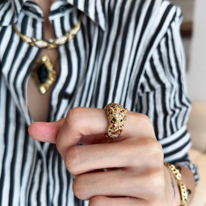 vintage金钱豹戒指开口可调节彩色复古指环高级宫廷中古彩宝金色