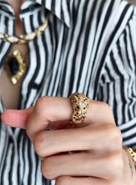 vintage金钱豹戒指开口可调节彩色复古指环高级宫廷中古彩宝金色
