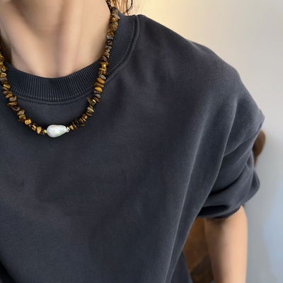 虎眼石项链珍珠个性小众短项链复古vintage不规则颈链