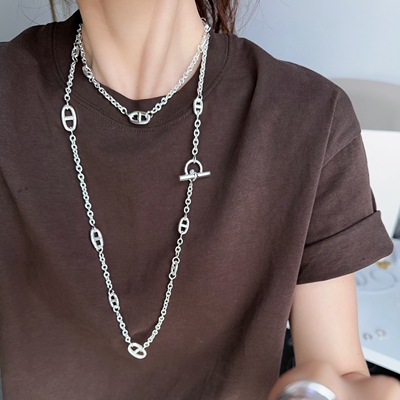 超长项链银色INS多种佩戴方法猪鼻扣百搭夸张重工长毛衣链多层