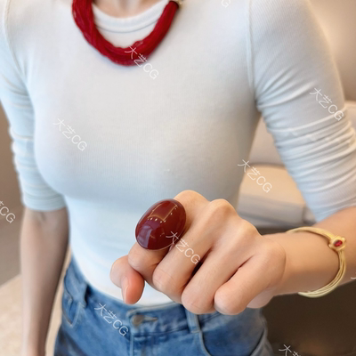 红色大戒指简约椭圆形时尚指环开口可调节节日复古饰品