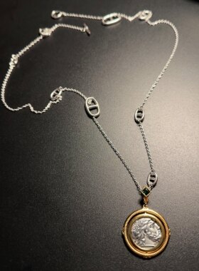 纯银长款吊坠项链古币vintage 复古风猪鼻金银配色个性双面坠可拆