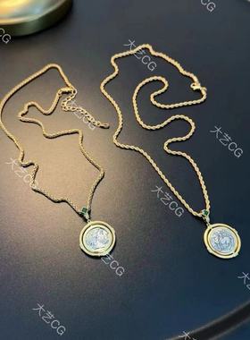 纯银复古吊坠古币夸张大双面925纯银坠子中古长项链