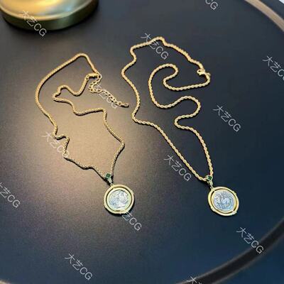 纯银复古吊坠古币夸张大双面925纯银坠子中古长项链