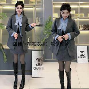 女冬季 外套显瘦半身裙两件套装 穿搭一整套 拼接衬衫 韩系学院风西装