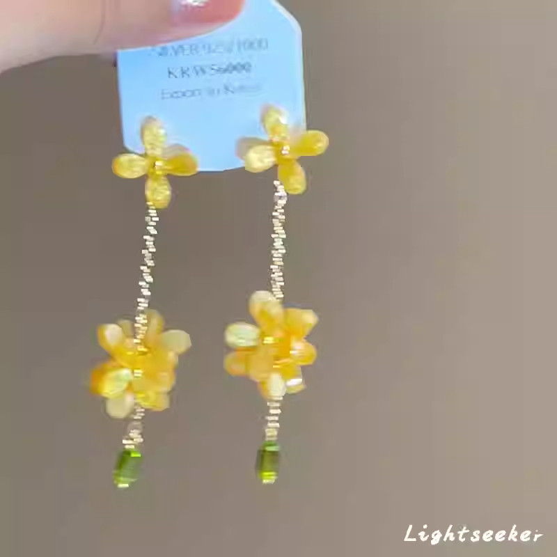 来當仙女气质黄色花朵流苏耳环2025年新款潮长款显脸瘦耳坠耳饰女