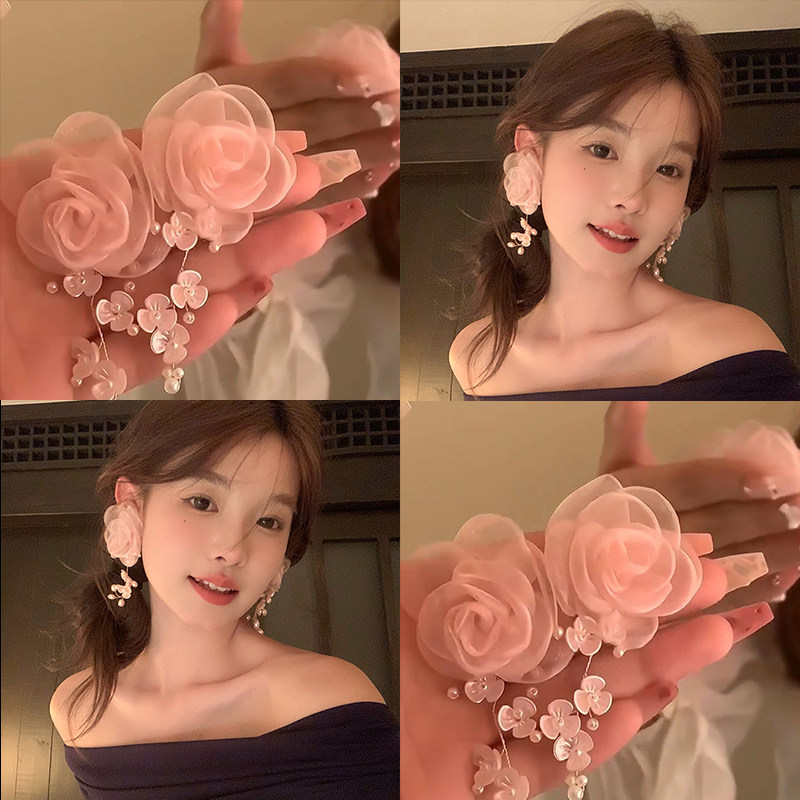 粉色网纱花朵流苏耳环2025超火新款爆款甜美耳钉春夏夸张耳饰女