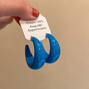 复古港风蓝色C型耳环女2025新款爆款气质时尚耳钉高级感夸张耳饰