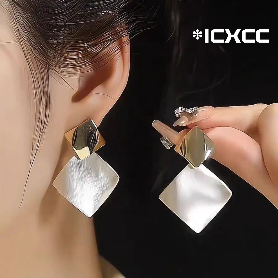 金银拼色方形金属方片耳环小众设计高级感气质耳钉轻奢冷淡风耳饰