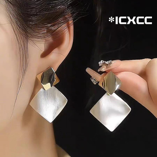 金银拼色方形金属方片耳环小众设计高级感气质耳钉轻奢冷淡风耳饰