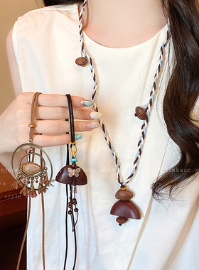民族风植物果壳编绳项链女新款波西米亚小众设计高级感毛衣链配饰