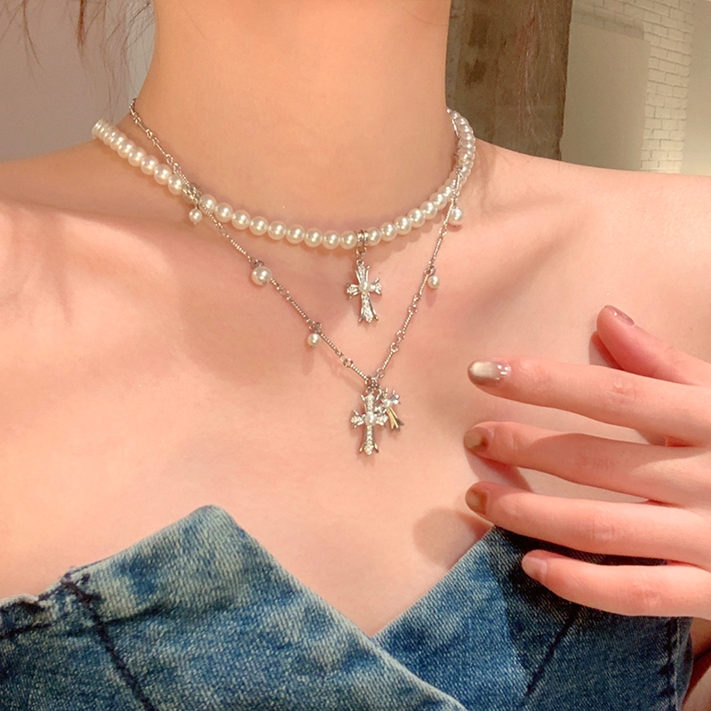 美式双层_珍珠十字架辣妹叠戴项链女高级感轻奢小众锁骨链颈链