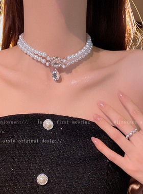 双层土星项链女轻奢叠戴choker颈链礼服配饰多层毛衣链小众设计感