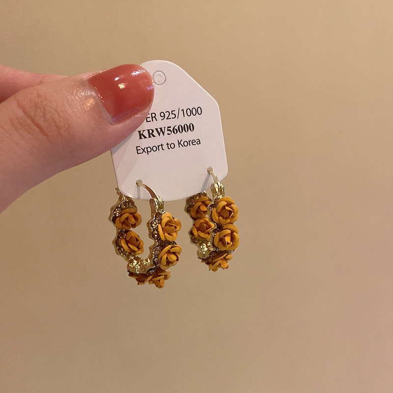 精致镶钻咖色玫瑰花耳圈气质轻奢小众设计感耳环时尚百搭复古耳饰