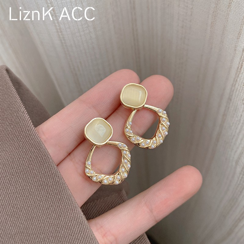 方糖猫眼石菱形珍珠耳饰轻奢高级感气质大气简约耳钉女独特耳环