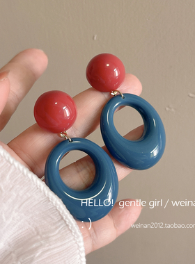海边港风蓝色耳环女多巴胺度假风耳钉小众设计感复古夸张耳夹耳饰