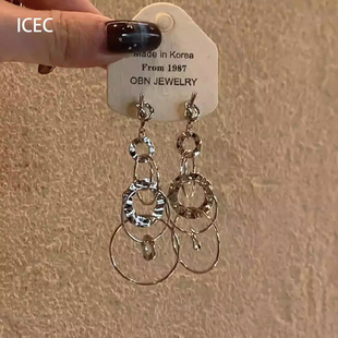 银色绳结多层圆圈流苏耳钉女欧美冷淡风个性 设计感方圆脸耳饰 时尚