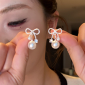蝴蝶结仿珍珠耳钉女一款 两带法式 精致高级感耳环养耳洞耳饰耳钉