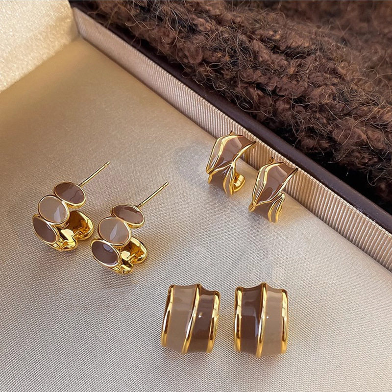 美拉德咖色C型不规则滴釉耳环女小众设计高级感耳钉轻奢气质耳饰