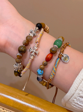 美拉德串珠十字架编织绳双层手链虎眼石独特设计手饰气质复古配饰