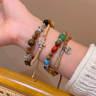 美拉德串珠十字架编织绳双层手链虎眼石独特设计手饰气质复古配饰