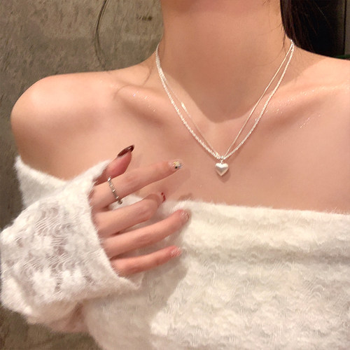 双层拉丝爱心吊坠项链女高级感轻奢小众颈链精致百搭锁骨链毛衣链
