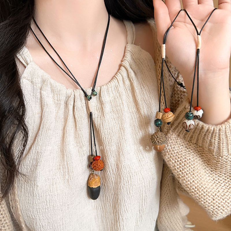 新中式陶瓷松子编织项链女款复古民族风时尚锁骨链小众设计感颈链