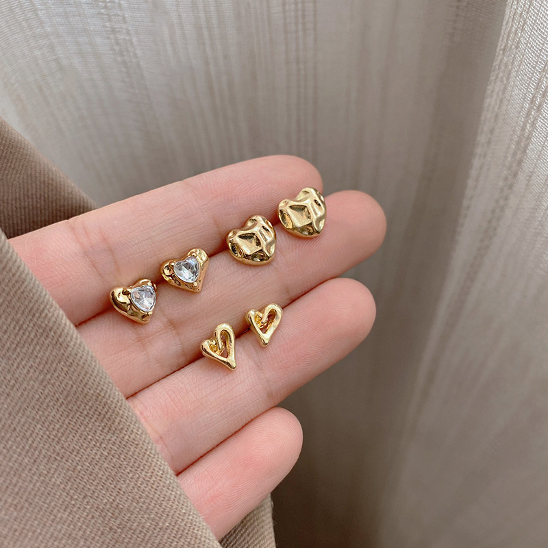 轻奢冷淡风不规则褶皱心形锆石耳钉时尚百搭小众设计耳环个性耳饰