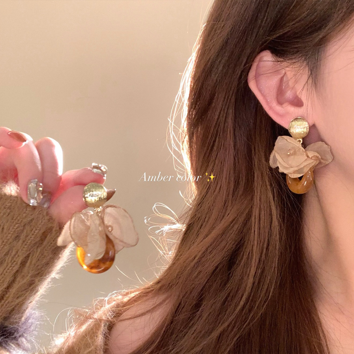 美拉德咖色花瓣圈圈耳环女高级感复古网纱气质耳钉轻奢小众耳饰品